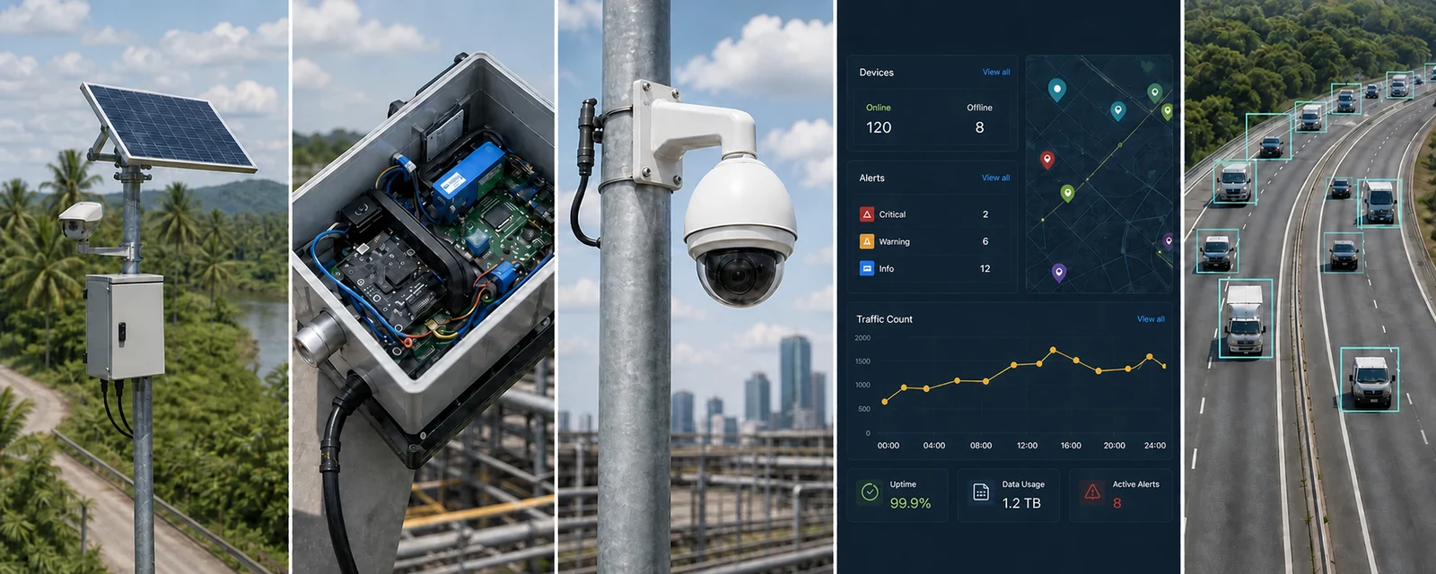 Field deployments including solar monitoring, embedded electronics, AI camera, operations dashboard and traffic analytics