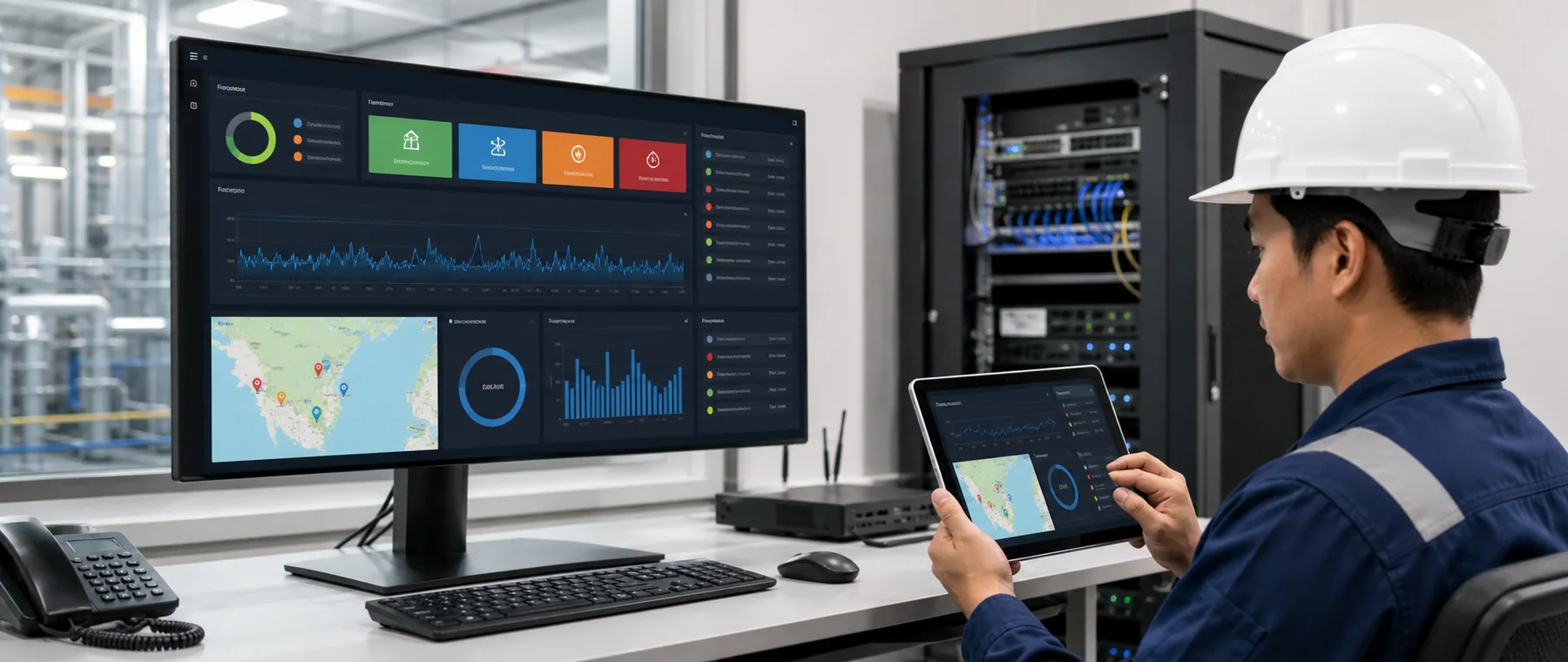 Real-time operational dashboards with alerts, device management, reports and multi-site visibility.