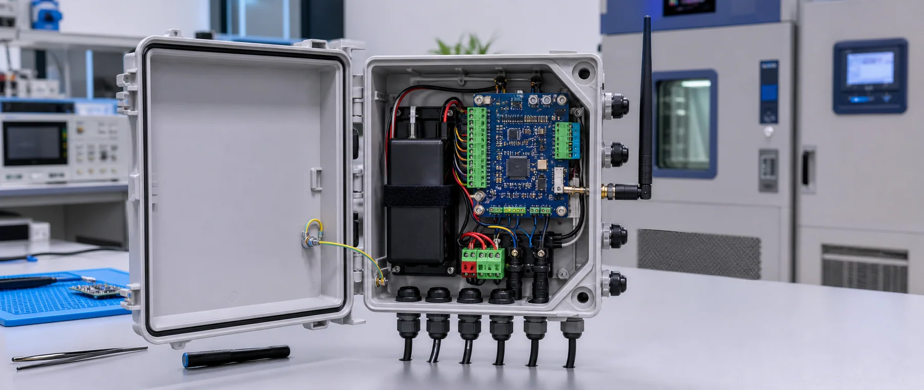 Robust device hardware designed around sensors, power, connectivity and real deployment conditions.