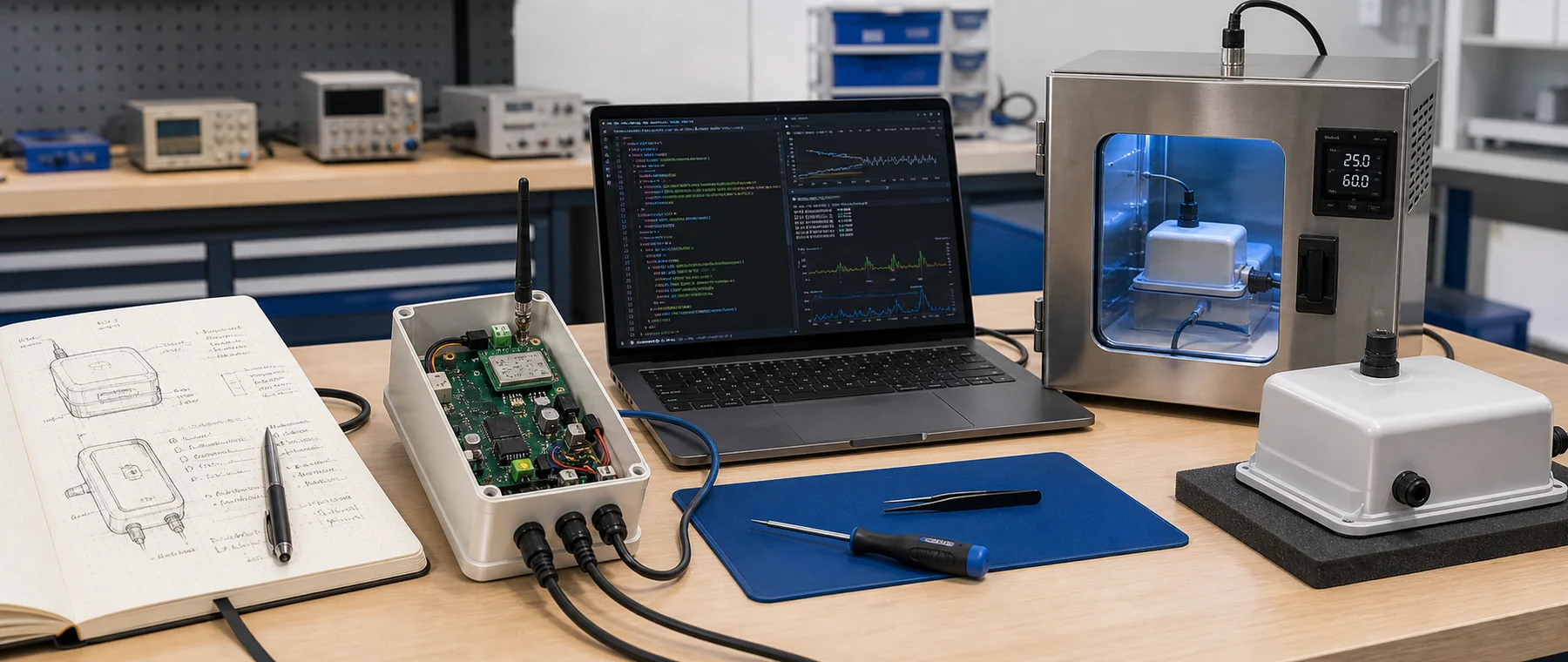 From product idea to working technology across electronics, firmware, cloud software and pilot deployment.