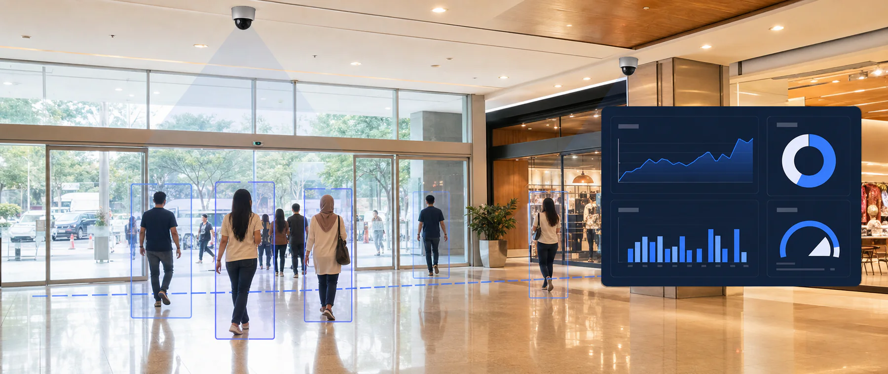 Camera-based visitor counts, occupancy trends and operational analytics without manual tallying.