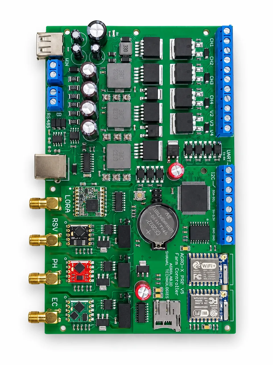 Smart Farming Controller V5 PCB on a white background
