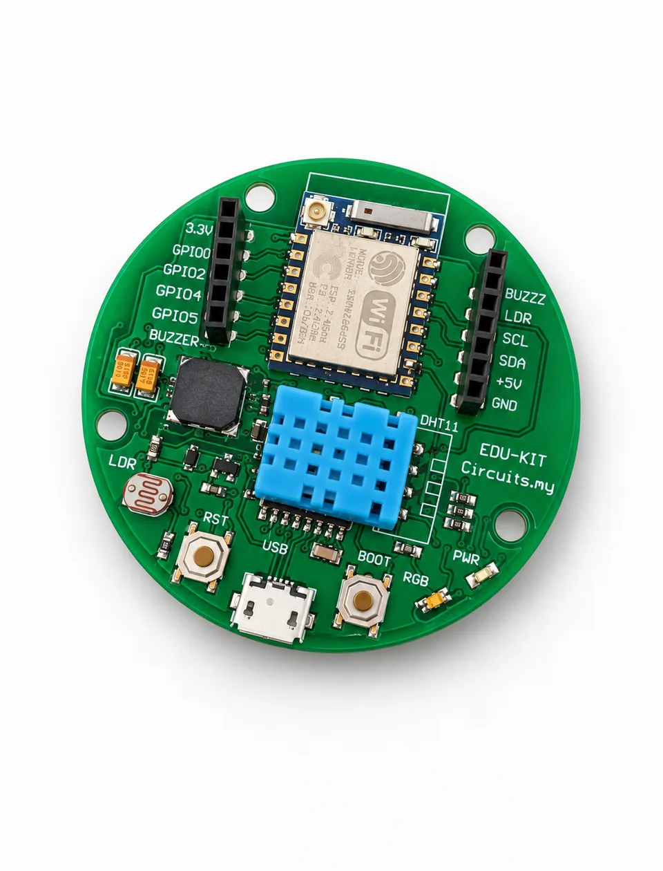 Wi-Fi board EDU-KIT PCB on a white background