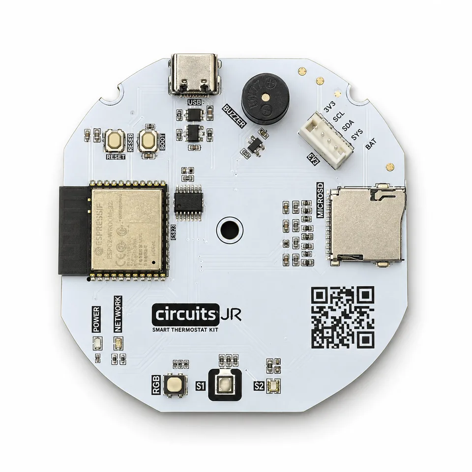 White ESP32 Smart Thermostat Kit board on a white studio background