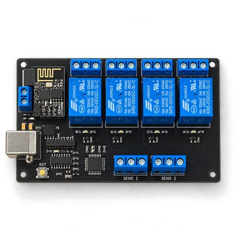 4-Relay Wireless Controller PCB on a white background