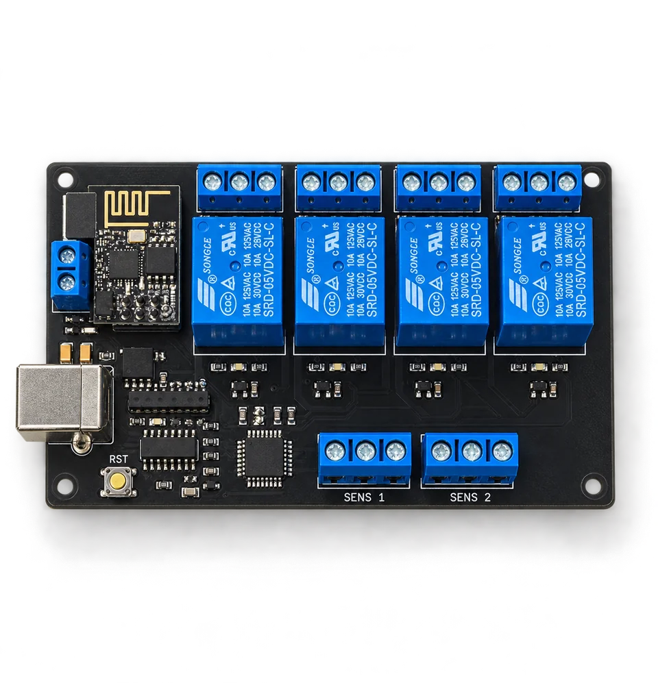 4-Relay Wireless Controller PCB on a white background