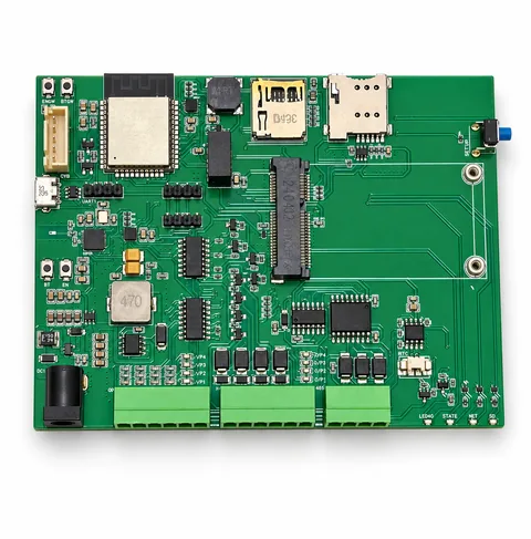 Green modular controller PCB with wireless module, terminal blocks, card holders and an empty expansion socket