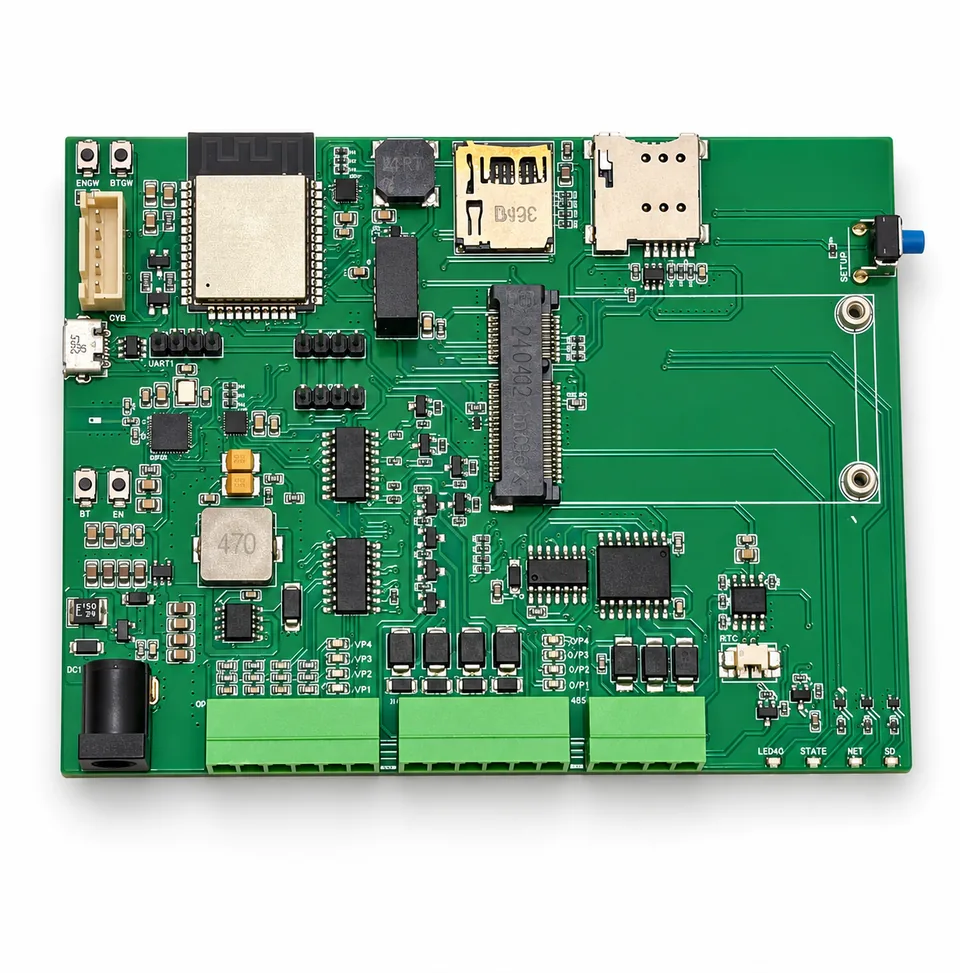 Green modular controller PCB with wireless module, terminal blocks, card holders and an empty expansion socket