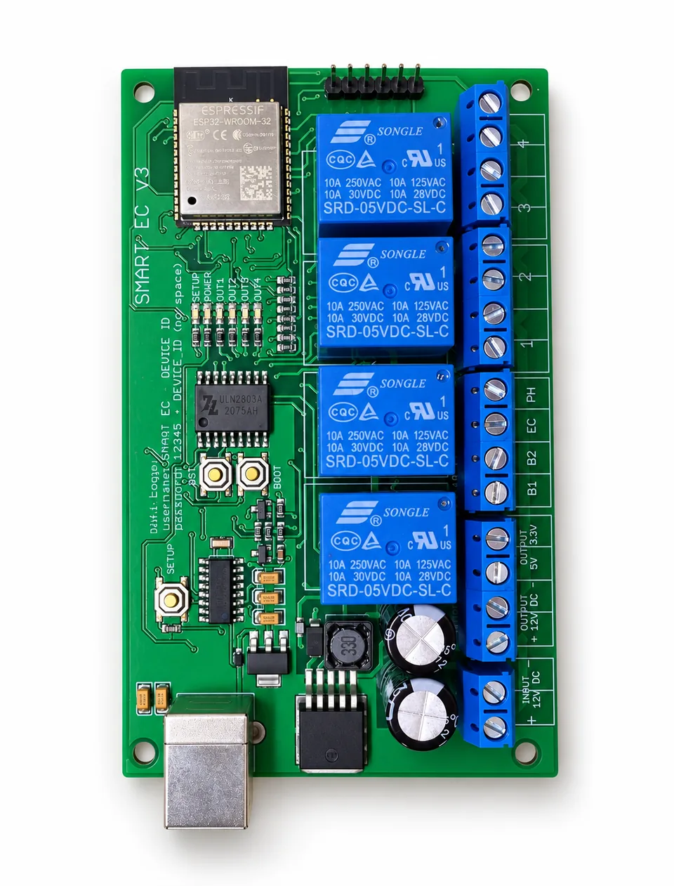 Wi-Fi Relay Controller 4-Channel PCB on a white background