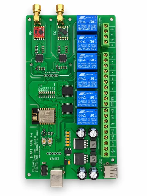 EC and pH Wi-Fi with 6-Relay PCB on a white background